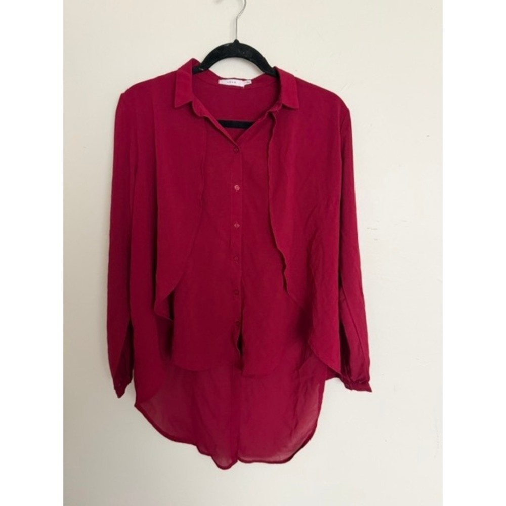 Lush Magenta Berry Layered Drape Front High Low Hem Button Down Blouse Small